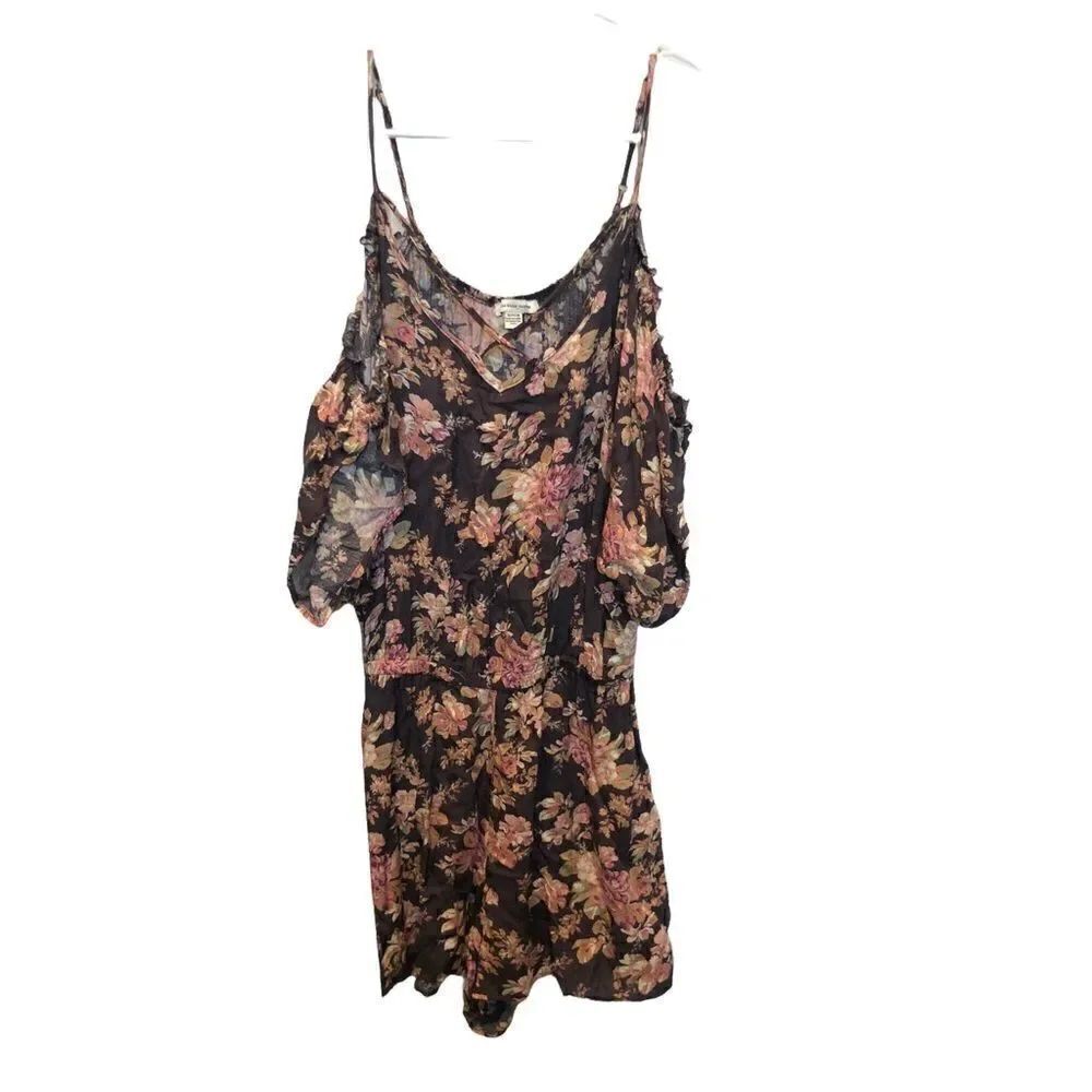 American Eagle Outfitters Romper cold shoulder dark gray/pink floral Small